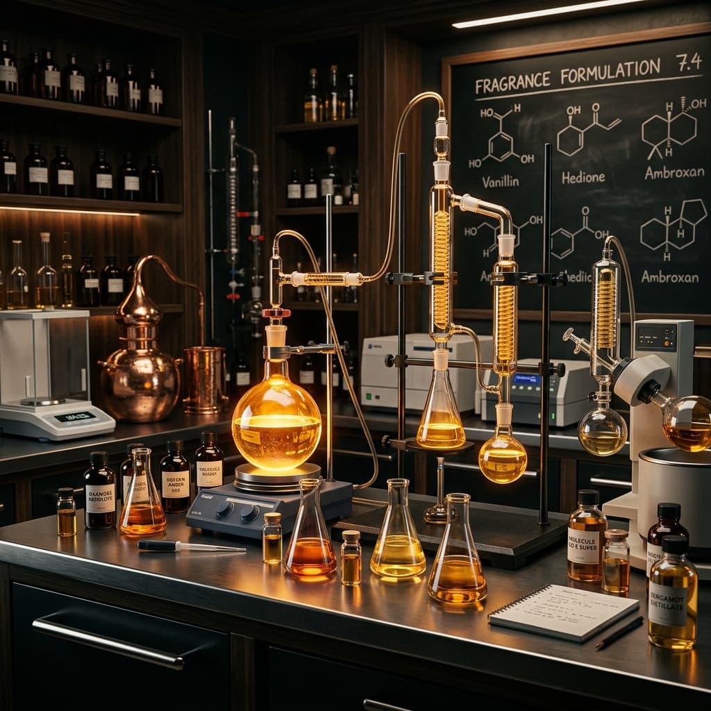 Laboratory glassware holding amber liquid in soft studio light.